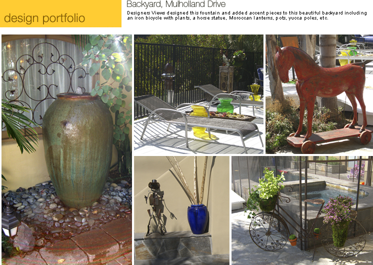 iron bocycle, horse statue, moroccan lanterns, yucca poles, custom fountain